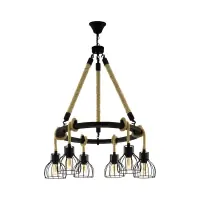 Retur gratuit Candelabru rustic din sfoara Rampside 43194, abajururi otel negru, 6xE27-LED, H 1090 mm, Ø 760 mm