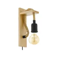 Ultima șansă Lampă citit lemn natur, sfoara rustică Rampside 43197, detalii negre, E27, H 300 mm, Întrerupător pe cablu