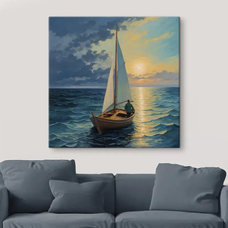 Bestseller Tablou pe pânză Pictură a unui bărbat într-o barcă în ocean (SKU s40053)